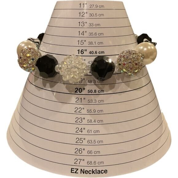 Chunky Beaded Necklace With Black & White Zebra Pattern & Rhinestones - Picture 2 of 5